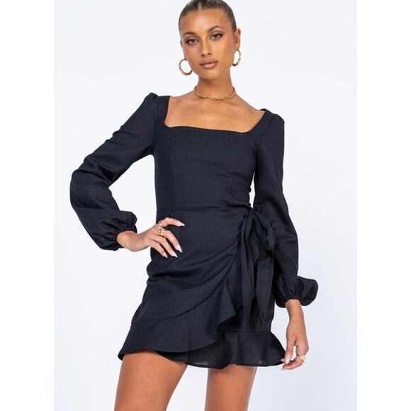 Princess Polly Linen The Villa Long Sleeve Square Neck Faux Wrap Mini Dress - Picture 1 of 15